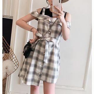 Off-shoulder Plaid Asymmetric-hem Dress