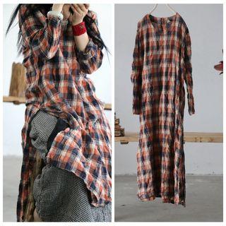 Plaid Long-sleeve Side Slit Dress Blue - One Size
