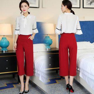 Set: Elbow Sleeve Tie Neck Blouse + Plain Cropped Pants