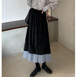 Color-block Velvet A-line Skirt Black - One Size