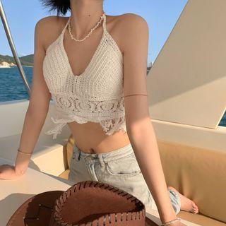 Fringed Knit Camisole Top Off-white - One Size