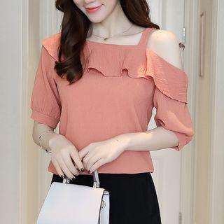 Ruffle Trim Off Shoulder Elbow Sleeve Chiffon Top