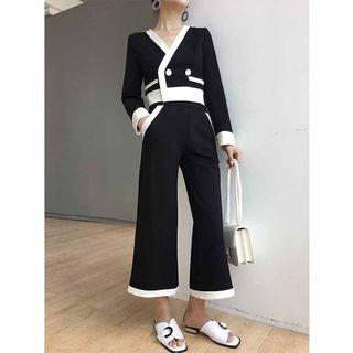 Set: V-neck Cropped Light Jacket + Color Block Cropped Wide-leg Pants
