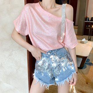 Short-sleeve Rhinestone Cold-shoulder T-shirt