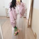 Long-sleeve Cropped Knit Cardigan / Bell-sleeve Pleated Dress