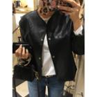 Collarless Snap-button Faux-leather Jacket
