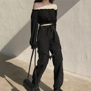 Off-shoulder Long-sleeve Crop Top / Cropped Harem Pants