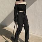 Off-shoulder Long-sleeve Crop Top / Cropped Harem Pants