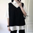 Mock Two-piece Elbow-sleeve Shirt White & Black - One Size