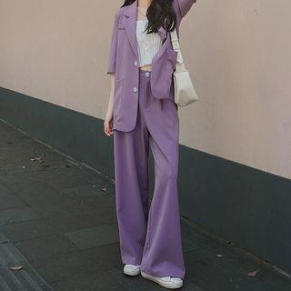 Set: Elbow-sleeve Single-breasted Blazer + Wide-leg Pants