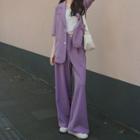 Set: Elbow-sleeve Single-breasted Blazer + Wide-leg Pants