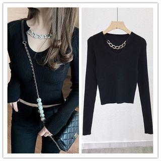 Long-sleeve Chain Detail Ribbed Knit Top