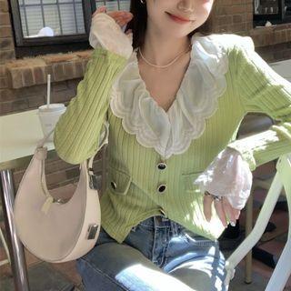 Lace Panel Button-up Knit Top