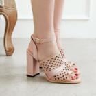 Perforated Ankle Strap Block Heel Sandals