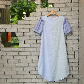 Frilled-trim Two-tone Dress With Sash Sky Blue - One Size