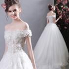 Off-shoulder Flower Applique Wedding Dress