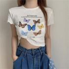 Short-sleeve Butterfly Print Cropped T-shirt / Cropped Cardigan