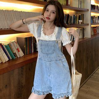 Short-sleeve Ruffle Trim Drawstring Crop Top / Denim Jumper Shorts