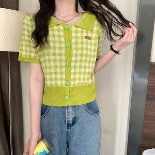 Short-sleeve Collar Gingham Cardigan