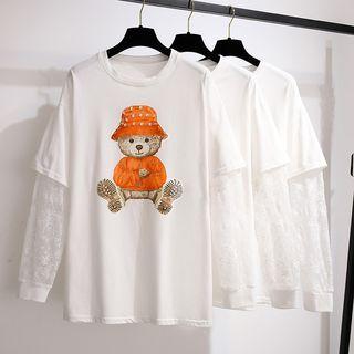 Mock Two-piece Long-sleeve Bear Print T-shirt