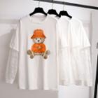 Mock Two-piece Long-sleeve Bear Print T-shirt
