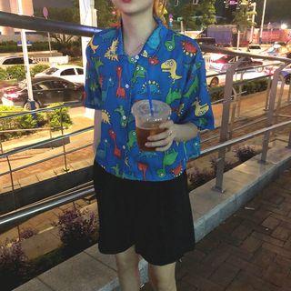 Set: Elbow-sleeve Printed Shirt + Wide Leg Shorts As Shown In Figure - One Size