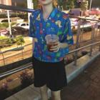 Set: Elbow-sleeve Printed Shirt + Wide Leg Shorts As Shown In Figure - One Size