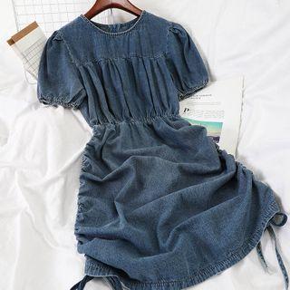 Drawstring Short-sleeve Denim A-line Dress