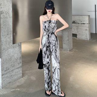 Long-sleeve Shrug / Halter Print Jumpsuit