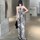 Long-sleeve Shrug / Halter Print Jumpsuit