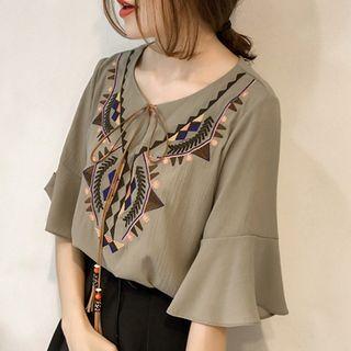 Patterned Elbow-sleeve Chiffon Blouse