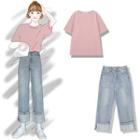 Plain Short-sleeve T-shirt / Cropped Straight-fit Jeans