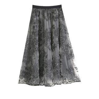 Lace Embroidered Sequined Mesh A-line Midi Skirt