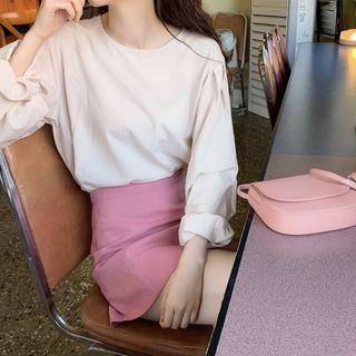 Plain Long-sleeve Top / A-line Mini Skirt