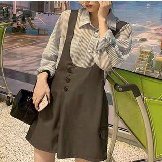 Set: Batwing-sleeve Striped Blouse + Wide Leg Jumper Shorts