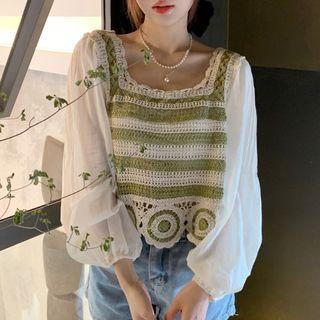 Balloon-sleeve Square Neck Crochet Top Green - One Size