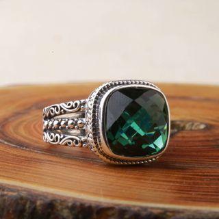Square Rhinestone Sterling Silver Ring Green - One Size