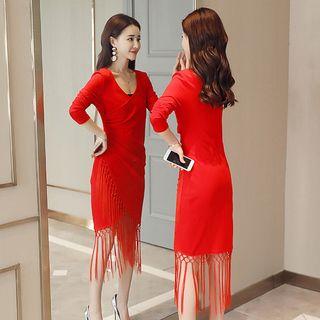 Fringed Hem Long-sleeve Sheath Dress