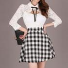 3/4-sleeve Mock Two-piece Lace Gingham Mini Dress