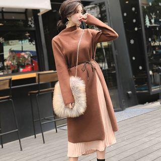 Set: Mock-neck Side Slit Long-sleeve Knit Dress + Midi A-line Skirt