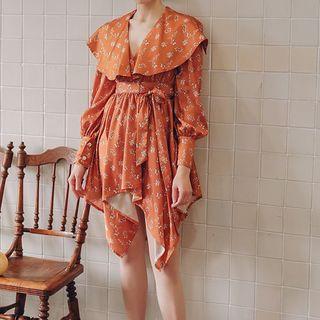 Lantern-sleeve Floral Printed Irregular Hem Dress