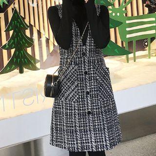 Mock-neck Long-sleeve T-shirt / Plaid Sleeveless A-line Dress