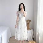 Set: Floral Print Slipdress + Short Sleeve Embroidered Mesh A-line Dress