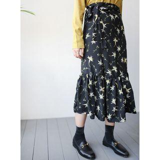Floral Patterned Tie-waist Ruffle-hem Skirt