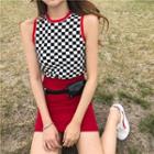 Plaid Knit Tank Top / Mini Pencil Skirt