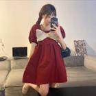 Puff-sleeve Bow A-line Dress Wine Red - One Size