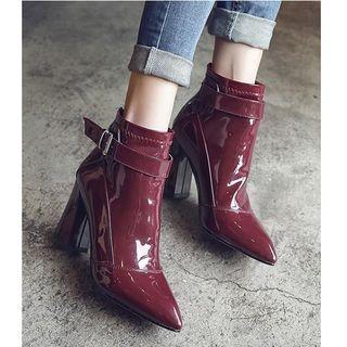 Patent Buckled Block Heel Pointed Toe Booties