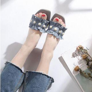 Frilled Faux-pearl Flat Slide Sandals