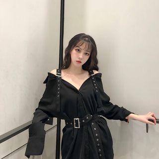 Long-sleeve Cold-shoulder Mini Shirtdress