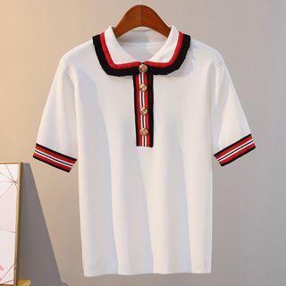 Polo-neck Short-sleeve Knit Top White - One Size